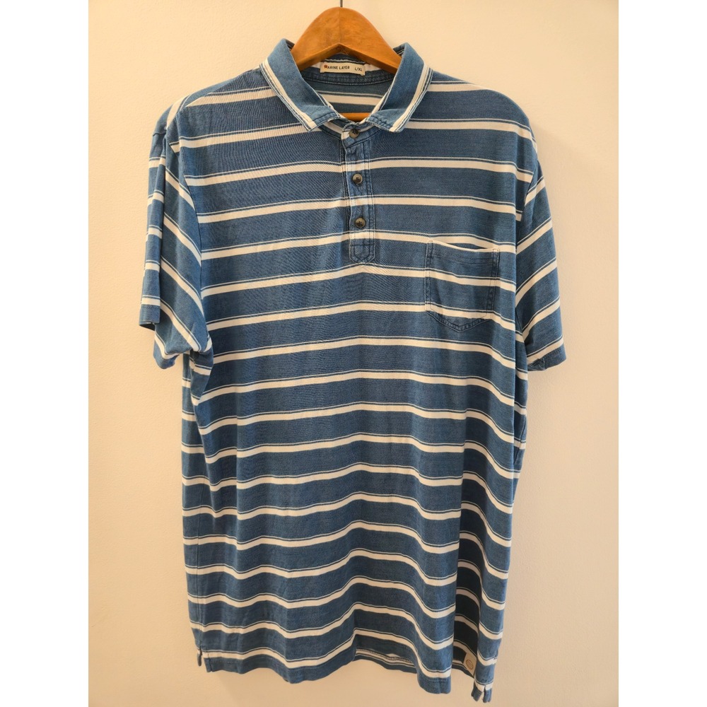 Marine Layer Mens Blue White Striped Tencel Cotton Polo Shirt Size L/XL